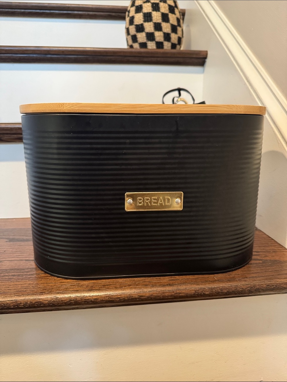 Black Bread Box with Bamboo Lid and Brass Accent